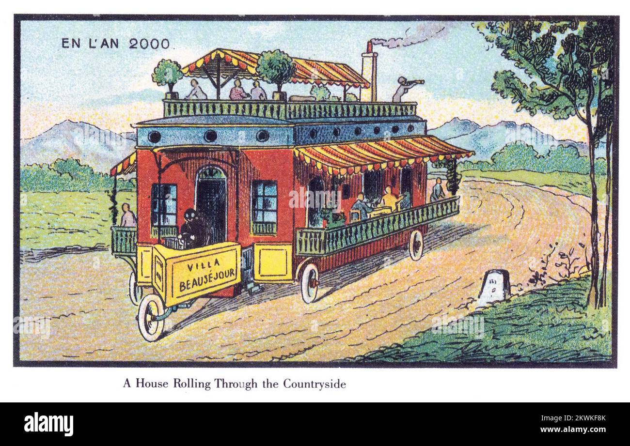 Rolling Villa, una Casa Rolling Through the Countryside dalla serie France en l'an 2000 France nel 2000 (XXI secolo) una serie di immagini futuristiche di Jean-Marc Côté e di altri artisti emessi in Francia nel 1899, 1900, 1901 e 1910. Originariamente sotto forma di cartoncini di carta racchiusi in scatole di sigarette/sigari e, più tardi, come cartoline, le immagini raffiguravano il mondo come si pensava fosse come nel 2000. Foto Stock