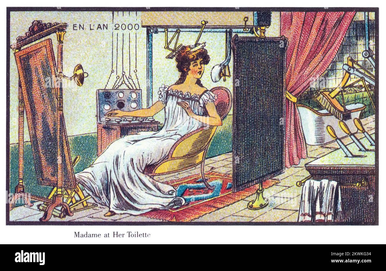 Madame at Her Toilette dalla serie France en l'an 2000 France in the Year 2000 (XXI secolo) una serie di immagini futuristiche di Jean-Marc Côté e altri artisti emessi in Francia nel 1899, 1900, 1901 e 1910. Originariamente sotto forma di cartoncini di carta racchiusi in scatole di sigarette/sigari e, più tardi, come cartoline, le immagini raffiguravano il mondo come si pensava fosse come nel 2000. Foto Stock