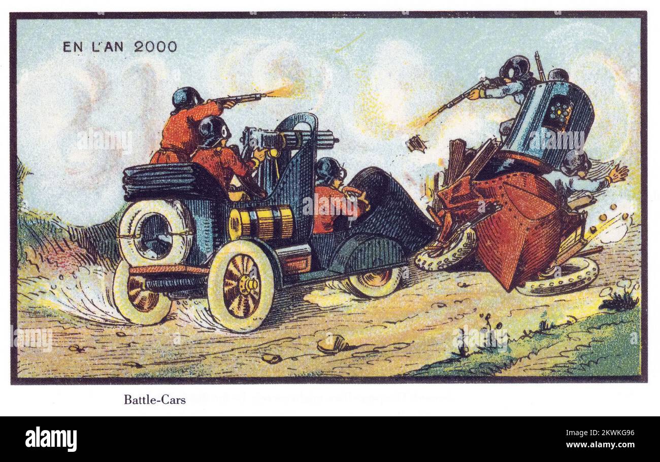 Battle Cars dalla serie France en l'an 2000 France nel 2000 (XXI secolo) una serie di immagini futuristiche di Jean-Marc Côté e di altri artisti pubblicati in Francia nel 1899, 1900, 1901 e 1910. Originariamente sotto forma di cartoncini di carta racchiusi in scatole di sigarette/sigari e, più tardi, come cartoline, le immagini raffiguravano il mondo come si pensava fosse come nel 2000. Foto Stock