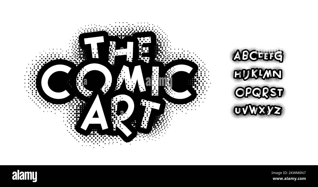 Lettere dell'alfabeto del carattere del fumetto. Divertente Pop arte tipografia. Disegno tipografico dei cartoni animati. Allegro set di lettere in bianco e nero con ombre a mezzitoni per Illustrazione Vettoriale
