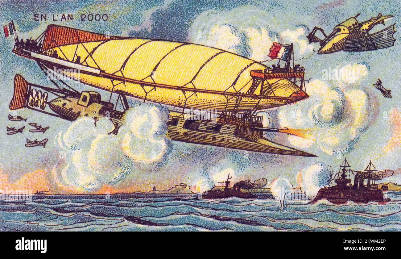 Una battaglia aerea dalla serie France en l'an 2000 nel 2000 (XXI secolo) una serie di immagini futuristiche di Jean-Marc Côté e altri artisti emessi in Francia nel 1899, 1900, 1901 e 1910. Originariamente sotto forma di cartoncini di carta racchiusi in scatole di sigarette/sigari e, più tardi, come cartoline, le immagini raffiguravano il mondo come si pensava fosse come nel 2000. Foto Stock