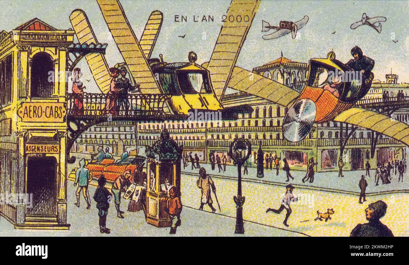 Aero-Cab Station dalla serie France en l'an 2000 France nel 2000 (XXI secolo) una serie di immagini futuristiche di Jean-Marc Côté e di altri artisti emessi in Francia nel 1899, 1900, 1901 e 1910. Originariamente sotto forma di cartoncini di carta racchiusi in scatole di sigarette/sigari e, più tardi, come cartoline, le immagini raffiguravano il mondo come si pensava fosse come nel 2000. Foto Stock