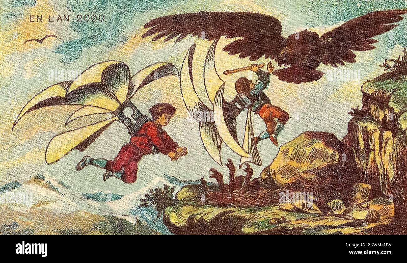 Little Eagle Nest Robbers dalla serie France en l'an 2000 France nel 2000 (XXI secolo) una serie di immagini futuristiche di Jean-Marc Côté e altri artisti emessi in Francia nel 1899, 1900, 1901 e 1910. Originariamente sotto forma di cartoncini di carta racchiusi in scatole di sigarette/sigari e, più tardi, come cartoline, le immagini raffiguravano il mondo come si pensava fosse come nel 2000. Foto Stock