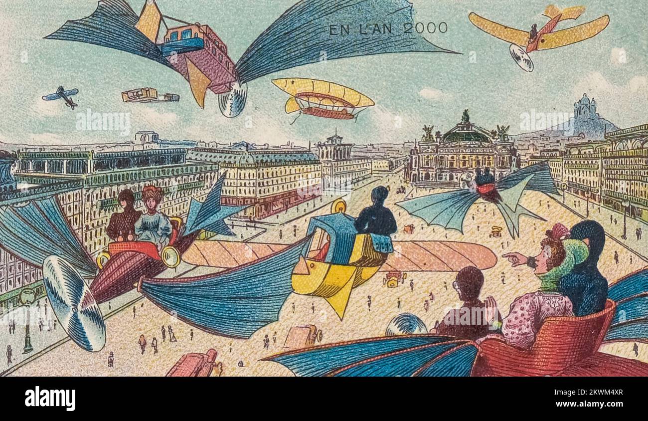 Il viale dell'Opera dalla serie France en l'an 2000 Francia nel 2000 (XXI secolo) una serie di immagini futuristiche di Jean-Marc Côté e altri artisti emessi in Francia nel 1899, 1900, 1901 e 1910. Originariamente sotto forma di cartoncini di carta racchiusi in scatole di sigarette/sigari e, più tardi, come cartoline, le immagini raffiguravano il mondo come si pensava fosse come nel 2000. Foto Stock
