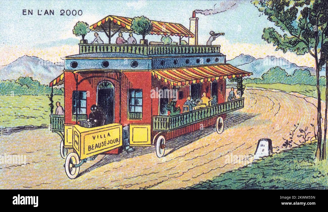 Rolling Villa, una Casa Rolling Through the Countryside dalla serie France en l'an 2000 France nel 2000 (XXI secolo) una serie di immagini futuristiche di Jean-Marc Côté e di altri artisti emessi in Francia nel 1899, 1900, 1901 e 1910. Originariamente sotto forma di cartoncini di carta racchiusi in scatole di sigarette/sigari e, più tardi, come cartoline, le immagini raffiguravano il mondo come si pensava fosse come nel 2000. Foto Stock