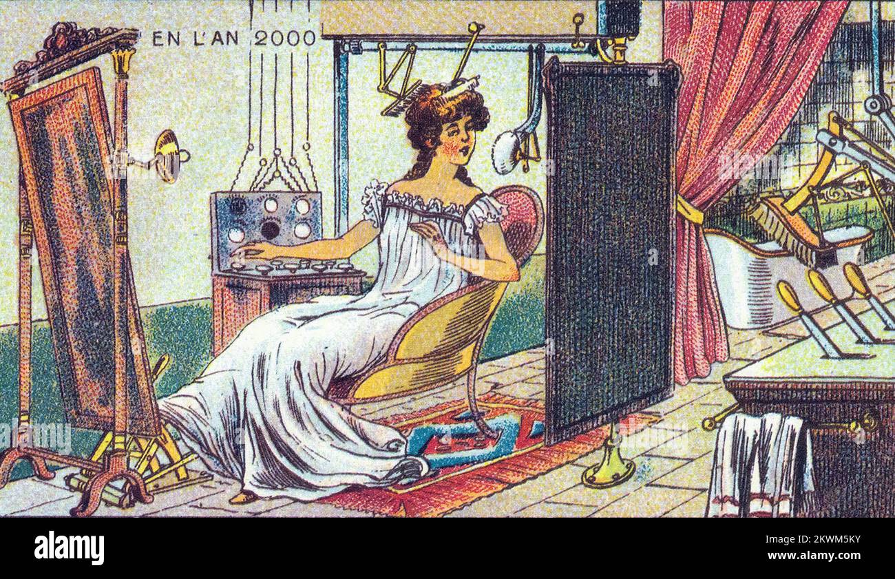 Madame at Her Toilette dalla serie France en l'an 2000 France in the Year 2000 (XXI secolo) una serie di immagini futuristiche di Jean-Marc Côté e altri artisti emessi in Francia nel 1899, 1900, 1901 e 1910. Originariamente sotto forma di cartoncini di carta racchiusi in scatole di sigarette/sigari e, più tardi, come cartoline, le immagini raffiguravano il mondo come si pensava fosse come nel 2000. Foto Stock