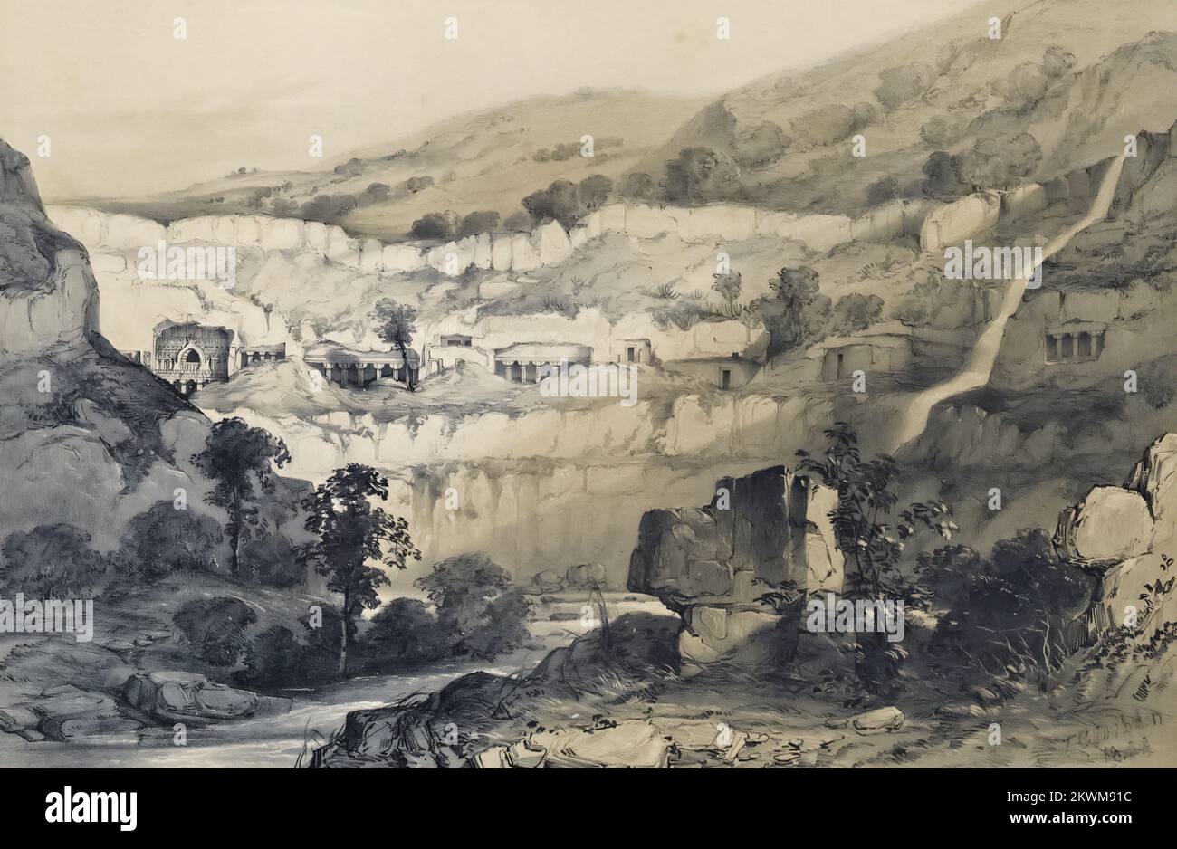 Ajunta - Vista generale delle Grotte, comprendente le Grotte 21 e 26 [le Grotte Ajanta sono circa 30 roccia-tagliato buddista caverne monumenti risalente al 2nd ° secolo a.C. a circa 480 CE nel distretto di Aurangabad del Maharashtra stato in India. Le grotte includono dipinti e sculture scavate nella roccia descritti come tra i migliori esempi sopravvissuti dell'antica arte indiana, in particolare dipinti espressivi che presentano emozioni attraverso il gesto, Posa e forma] dal libro ' illustrazioni dei templi scavati nella roccia dell'India ' scelti tra i migliori esempi delle diverse serie di grotte a Ellora, Ajunt Foto Stock