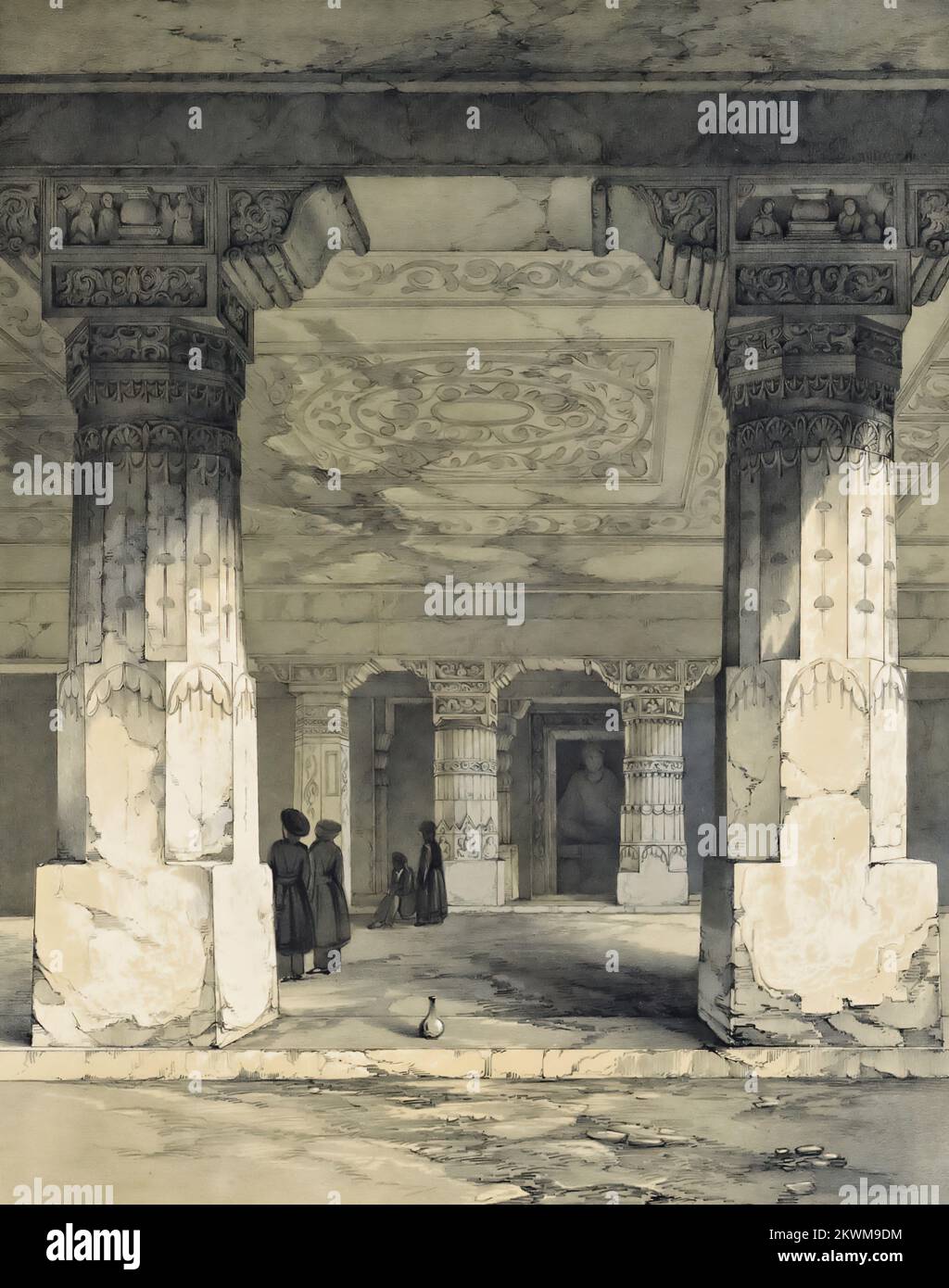 Ajunta - interno di Vihara, n. 17. Dal libro ' illustrazioni dei templi scavati nella roccia dell'India ' scelto tra i migliori esempi delle diverse serie di grotte di Ellora, Ajunta, Cuttack, Salsette, Karli, E Mahavellypore. Disegnata su pietra dal Sig. T. C. Dibdin, dagli schizzi realizzati sul posto negli anni 1838-9 DA JAMES FERGUSSON, data di pubblicazione 1845 Editore London, J. Weale Foto Stock