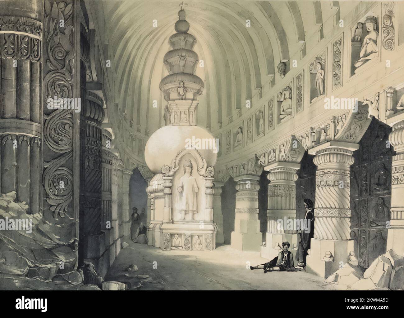 Ajunta - interno della Grotta di Chaitya, n. 19. Dal libro ' illustrazioni dei templi scavati nella roccia dell'India ' scelto tra i migliori esempi delle diverse serie di grotte di Ellora, Ajunta, Cuttack, Salsette, Karli, E Mahavellypore. Disegnata su pietra dal Sig. T. C. Dibdin, dagli schizzi realizzati sul posto negli anni 1838-9 DA JAMES FERGUSSON, data di pubblicazione 1845 Editore London, J. Weale Foto Stock