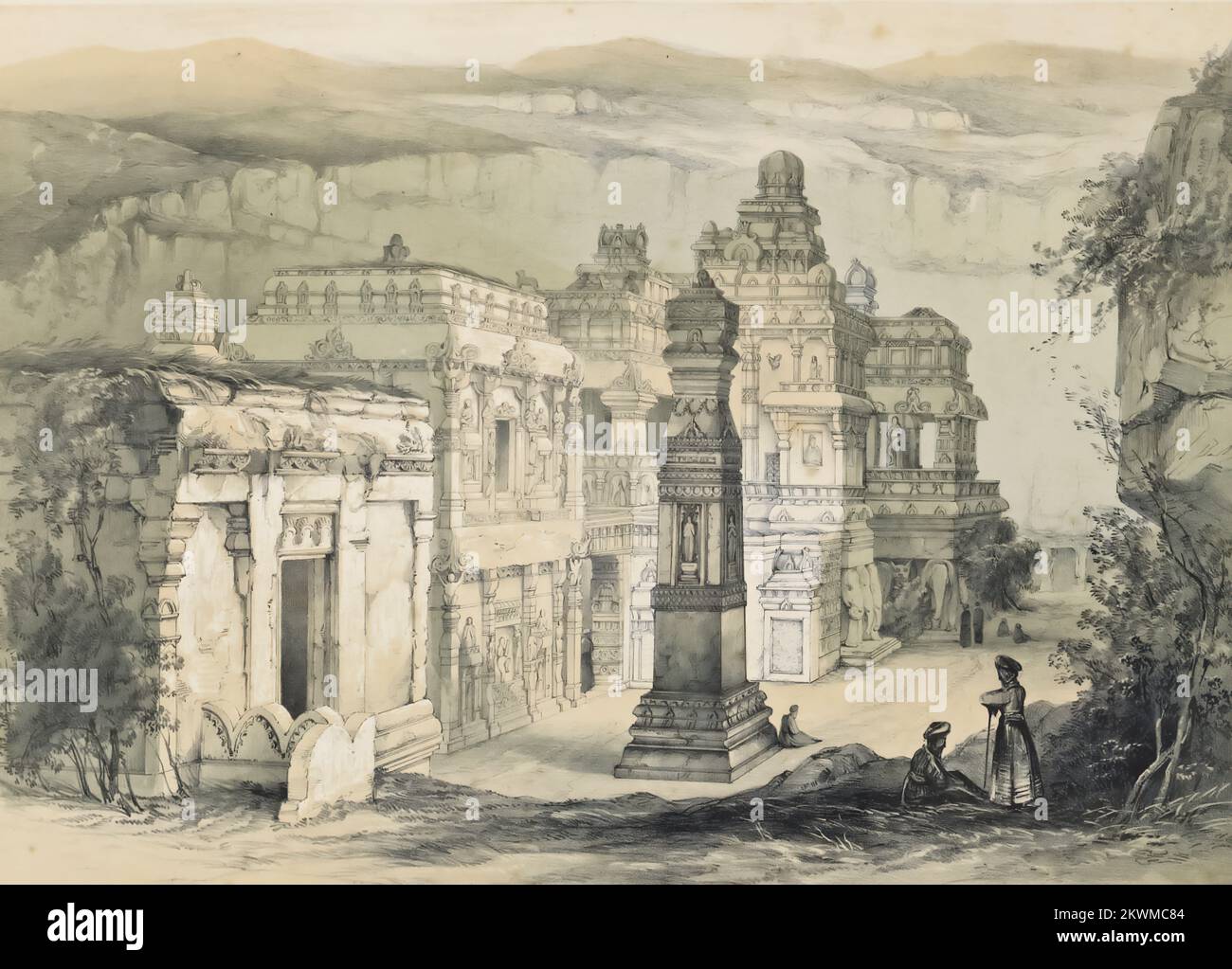 Ellora - Kylas. Dal libro ' illustrazioni dei templi scavati nella roccia dell'India ' scelto tra i migliori esempi delle diverse serie di grotte di Ellora, Ajunta, Cuttack, Salsette, Karli, E Mahavellypore. Disegnata su pietra dal Sig. T. C. Dibdin, dagli schizzi realizzati sul posto negli anni 1838-9 DA JAMES FERGUSSON, data di pubblicazione 1845 Editore London, J. Weale Foto Stock