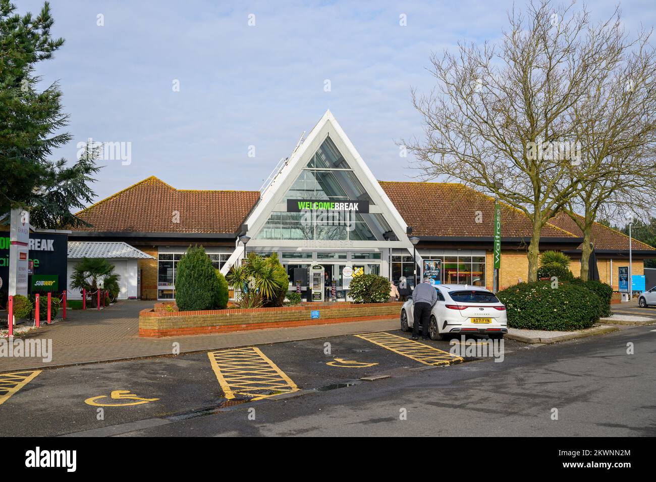 Servizio Welcome Break sull'autostrada M11, Stansted, Inghilterra. Foto Stock