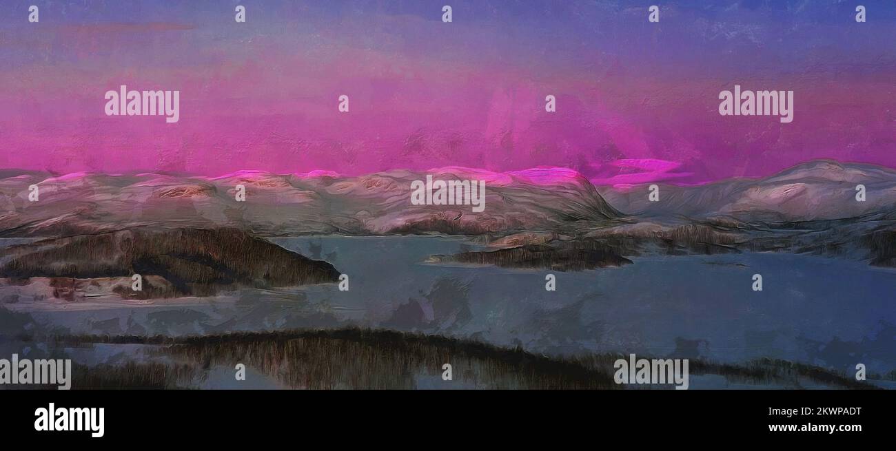 Paesaggio panoramico delle montagne invernali, sera, stagione invernale Foto Stock