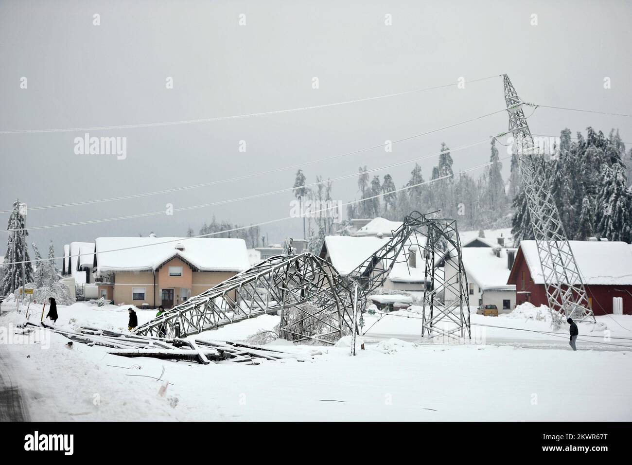 03.02.2014., Logatec, Slovenia - a causa della neve e del ghiaccio gran parte della Slovenia si trova di fronte alla perdita di elettricità, la domenica senza energia elettrica è stata di circa 250 mila cittadini. Condizioni estreme inflitto gravi danni alle foreste, secondo le stime del Central Bureau of Forest, è distrutto circa 3,5 milioni di metri cubi di legno. Le condizioni meteorologiche hanno avuto problemi di traffico. Molte strade sono state chiuse e molti treni e autobus sulle linee interurbane sono stati ritardati. Foto: Anze Petkovsek/Zurnal24/PIXSELL Foto Stock