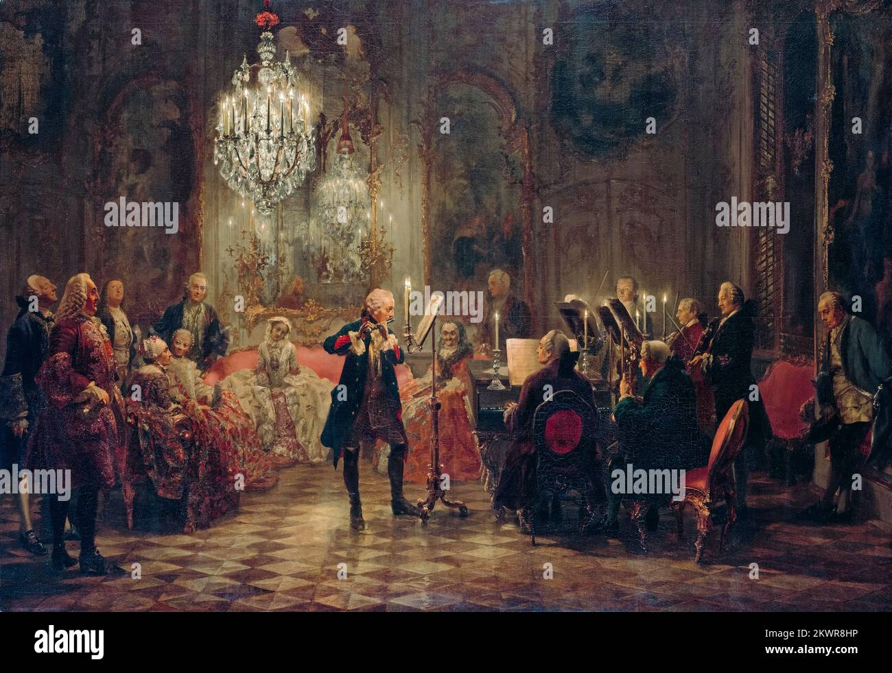 Adolph Menzel, Concerto al flauto con Federico il Grande a Sanssouci, dipinto ad olio su tela, 1850-1852 Foto Stock