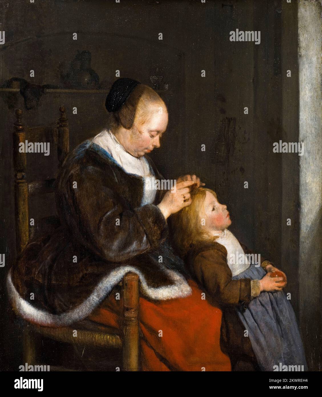 Gerard ter Borch, madre che combatte i capelli del suo bambino, conosciuto come 'Caccia per i pidocchi', dipingendo in olio su pannello, 1652 Foto Stock