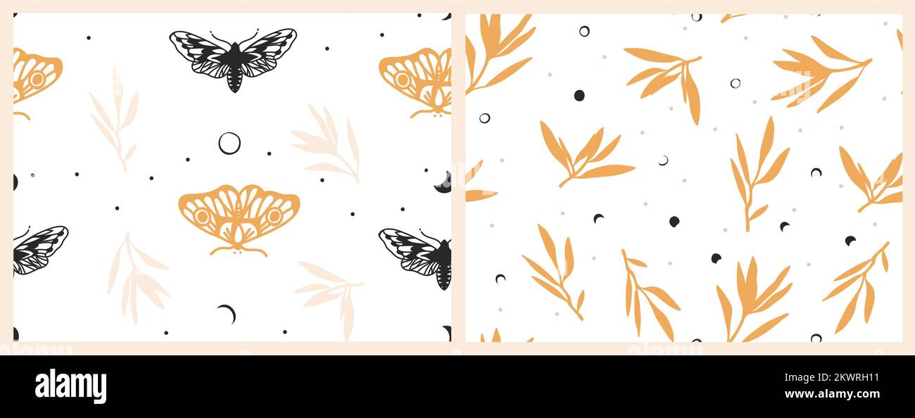 Illustrazione astratta vettoriale pattern senza cuciture con fasi lunari celesti, mezzaluna, farfalla, stelle, forme astrologiche mistiche e semplici. Notte Illustrazione Vettoriale