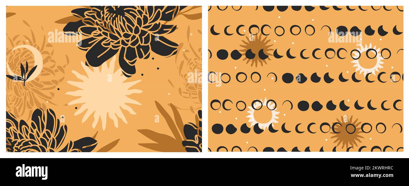 Illustrazione astratta vettoriale modelli senza cuciture con magiche fasi lunari celesti, mezzaluna, sole, stelle, forme astrologiche mistiche e semplici. Notte Illustrazione Vettoriale