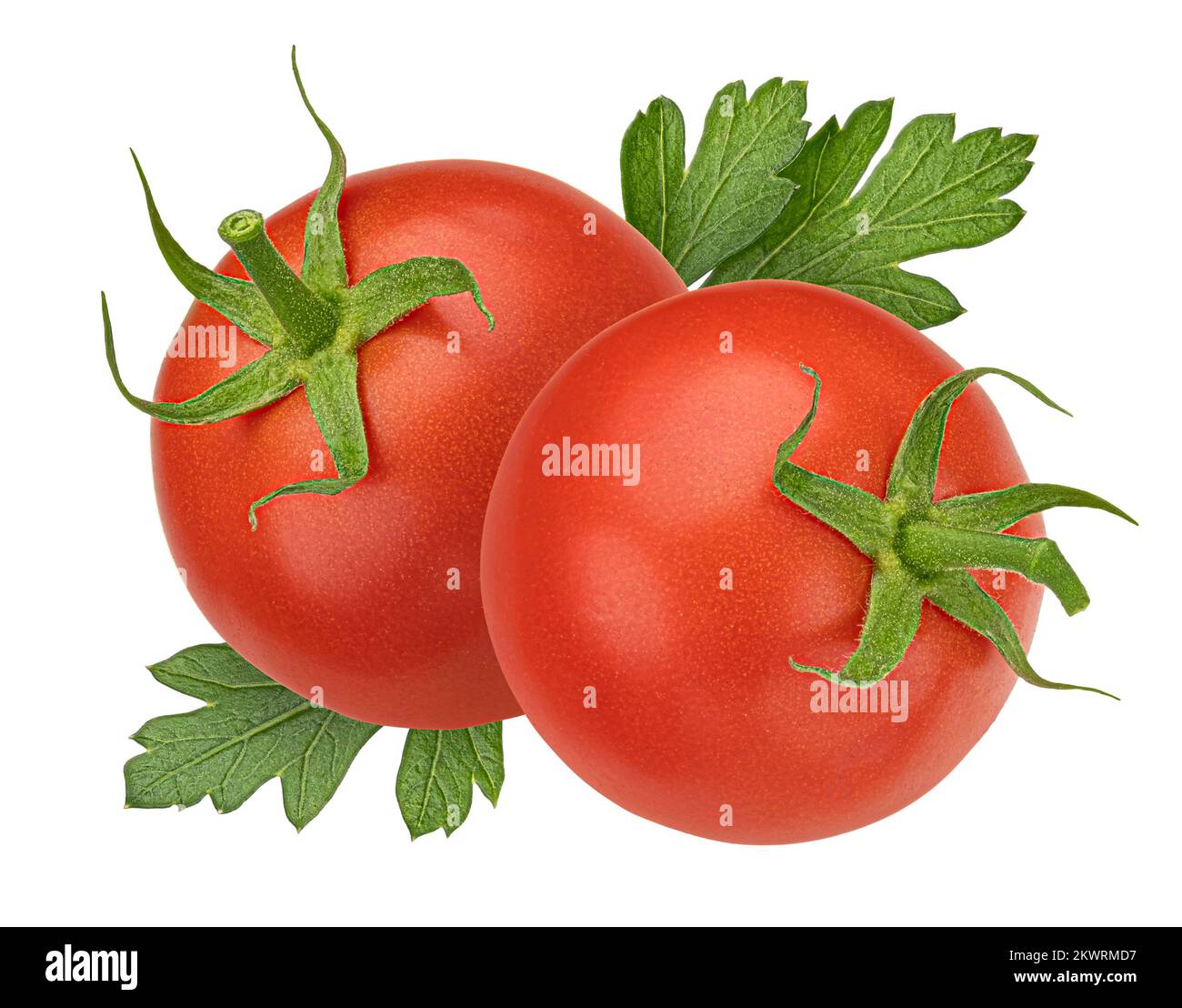 Pomodori ciliegini isolati su fondo bianco, profondità di campo piena Foto Stock