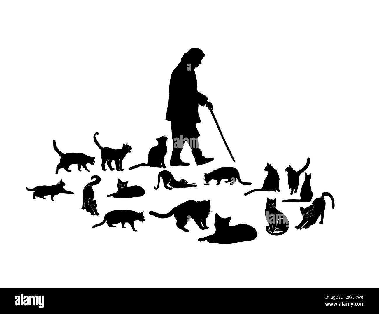 Una vecchia donna cammina con una canna e ci sono molti gatti nelle vicinanze. Adotta, ama e nutre i gatti randagi. Illustrazione vettoriale Illustrazione Vettoriale