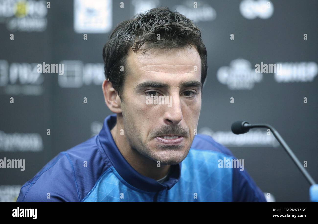 04.02.2015., Croazia, Zagabria - 10th torneo ATP PBZ Zagreb al coperto, 2015, 1st round. Conferenza stampa Ivan Dodig. Foto: Sanjin Strukic/PIXSELL Foto Stock