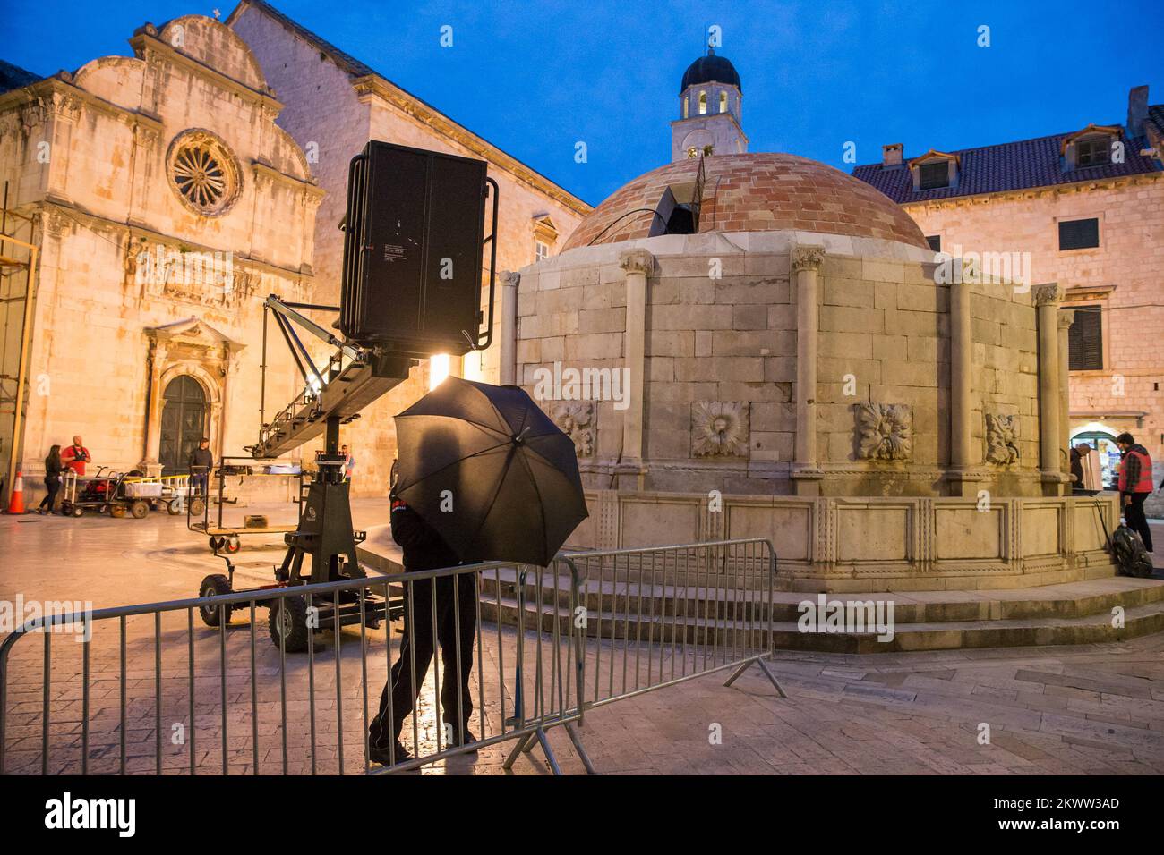 Visione generale delle riprese di Guerre Stellari su Stradun Street, Dubrovnik, Croazia 09.03.2016. Foto Stock