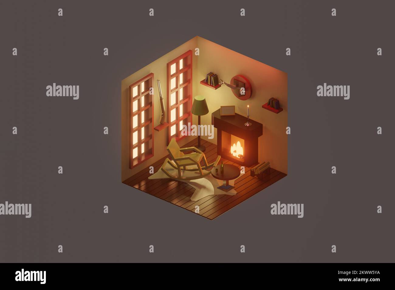 Camera isometrica con camino in stile poly basso 3D render. Foto Stock
