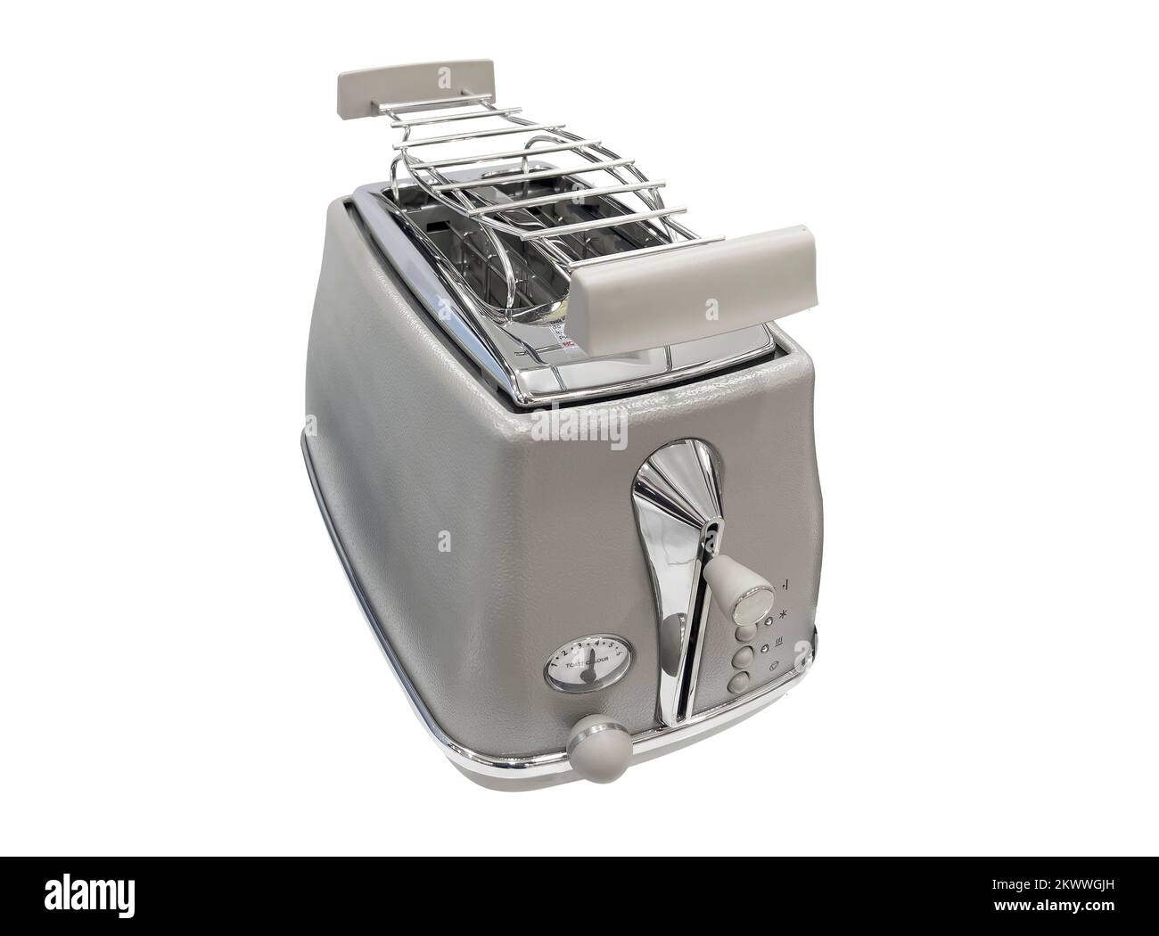 Tostapane moderno per il pane isolato su sfondo bianco. Tostapane in acciaio inox spazzolato per toast al pane. Tostapane elettrico per tostare il pane. Foto Stock
