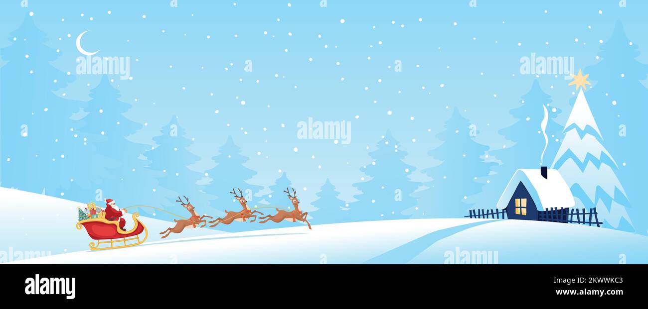 Banner di Natale, Babbo Natale su una slitta porta regali alla casa forestale, disegno vettoriale piatto. Cartolina per il nuovo anno con copia spa Illustrazione Vettoriale