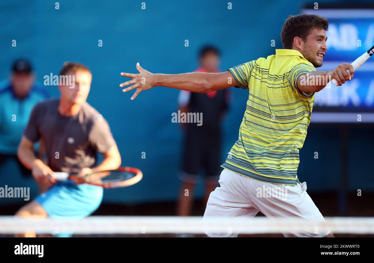 20.07.2016., Umag, Croazia - 27. KONZUM Croazia Open Umag, doppie, 1st round, Teymuraz Gabashvili (RUS), Leander Paes (IND) vs Nikola Mektic (CRO), Antonio Sancic (CRO). Foto Stock