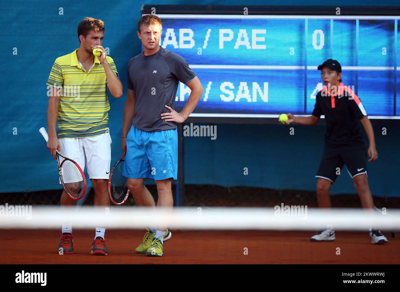 20.07.2016., Umag, Croazia - 27. KONZUM Croazia Open Umag, doppie, 1st round, Teymuraz Gabashvili (RUS), Leander Paes (IND) vs Nikola Mektic (CRO), Antonio Sancic (CRO). Foto Stock