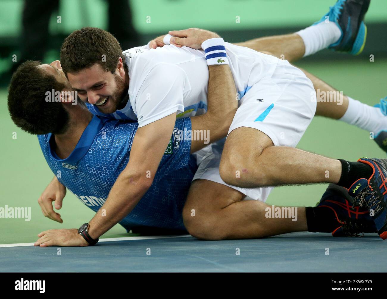Ivo Karlovic - Federico Delbonis durante le finali della Coppa Davis 2016 all'Arena Zagreb, Zagabria, Croazia, 27th novembre 2016 Foto Stock