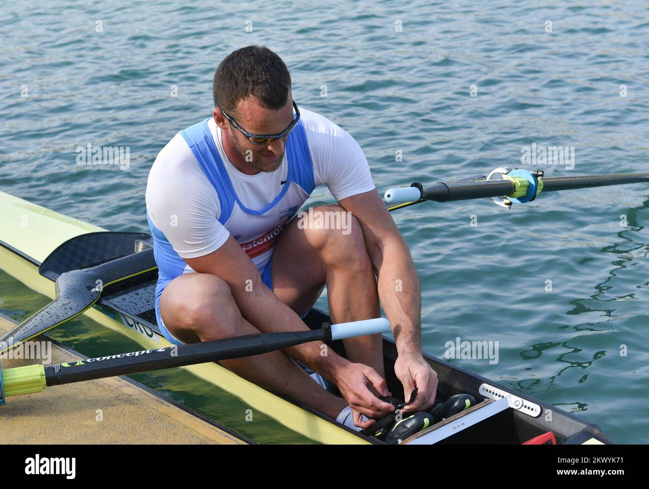 25.03.2017., Croazia, Zagabria - al Campionato Open Rowing di Zagabria al Lago Jarun il primo posto è andato a Martin Sinkoviæ, mentre il secondo posto è andato vogatore Damir Martin. Damir Martin. Foto: Davor Visnjic/PIXSELL Foto Stock