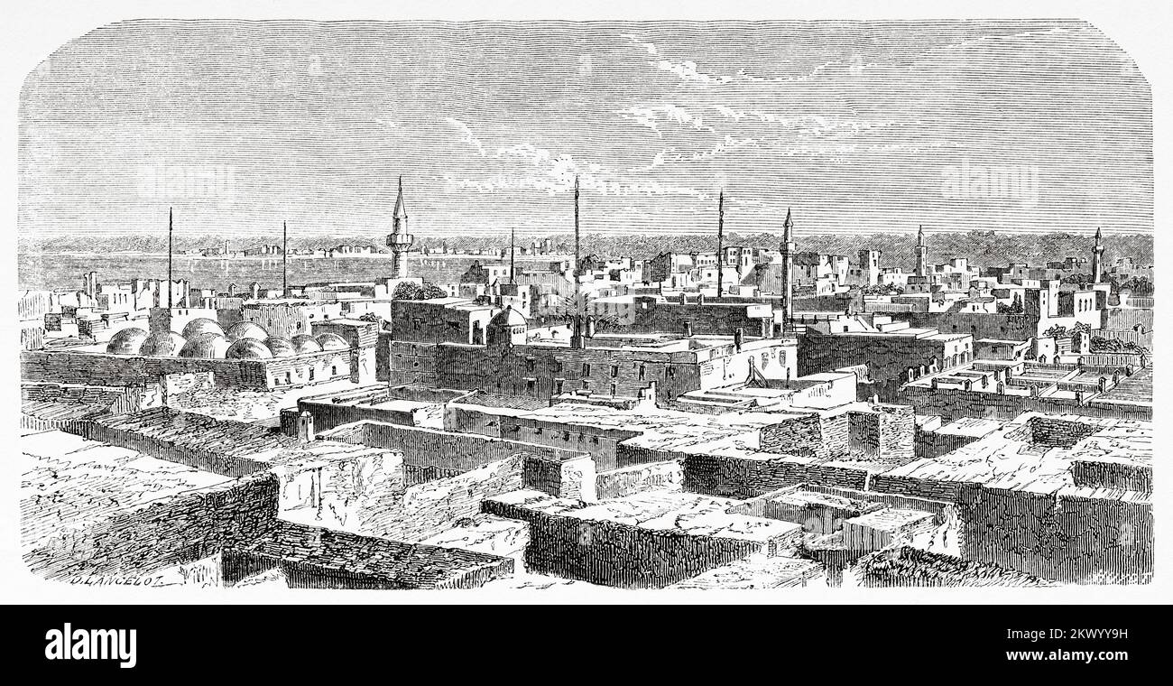 Vista panoramica generale dell'antica città di Tripoli nel 1850, Libia. Nord Africa Foto Stock