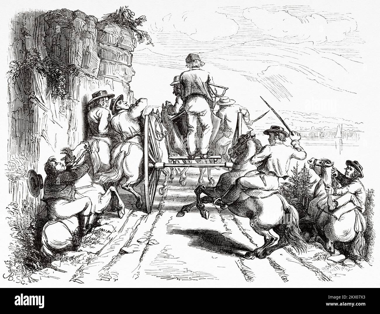 Uomini su carri e cavalli dopo il viceré. Norvegia. Scandinavia, Nord Europa. Viaggi negli stati scandinavi da Saint-Blaise 1856 Foto Stock