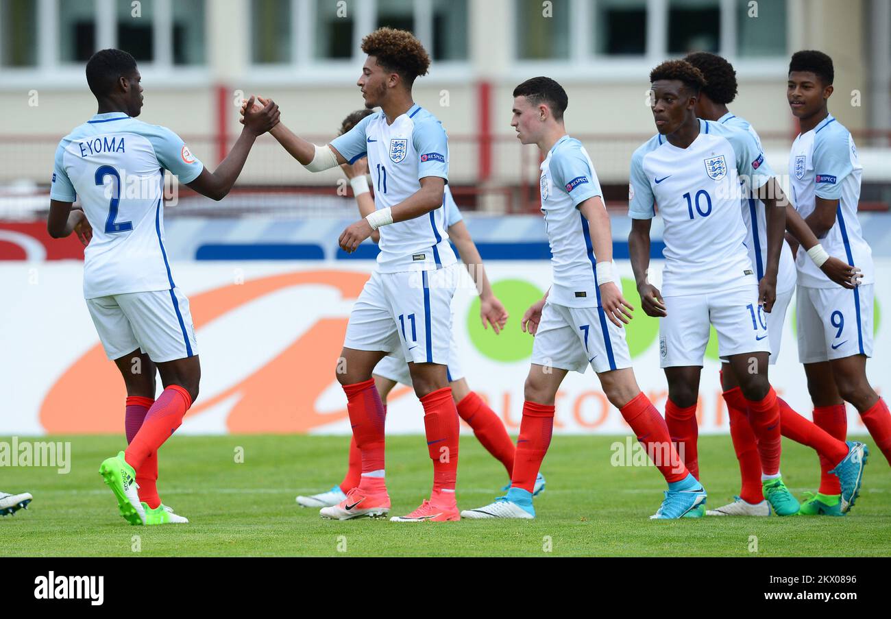 07.05.2017., Sesvete, Zagabria, Croazia - Campionato europeo UEFA U-17 2017., gruppo D, Inghilterra contro Ucraina. Timothy Eyoma, Jadon Sancho, Phil Foden, Callum Hudson-Odoi, Rhian Brewster. Foto: Marko Prpic/PIXSELL Foto Stock