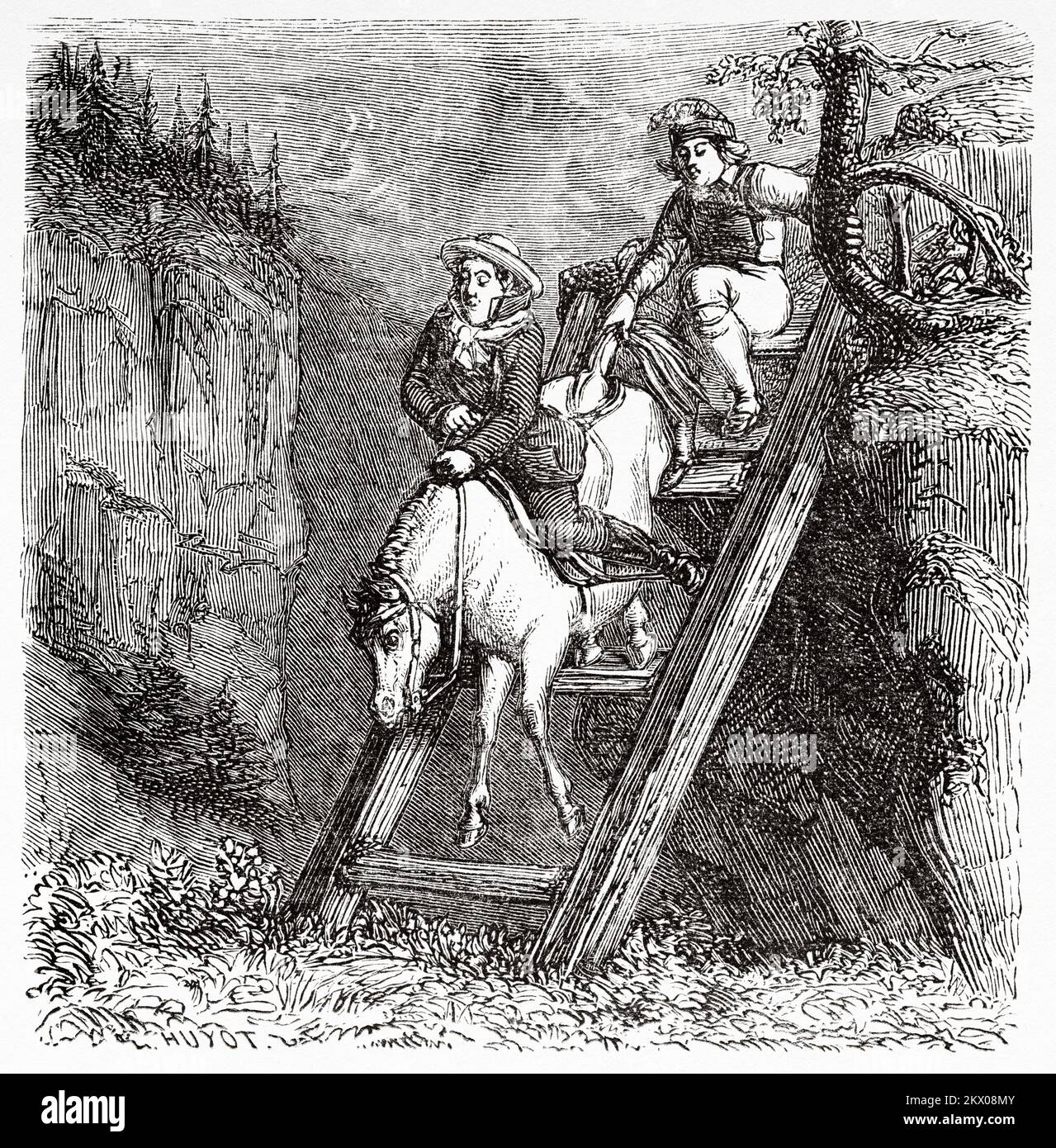 Cavallo scendendo una scala di legno, Norvegia. Scandinavia, Nord Europa. Viaggi negli stati scandinavi da Saint-Blaise 1856 Foto Stock