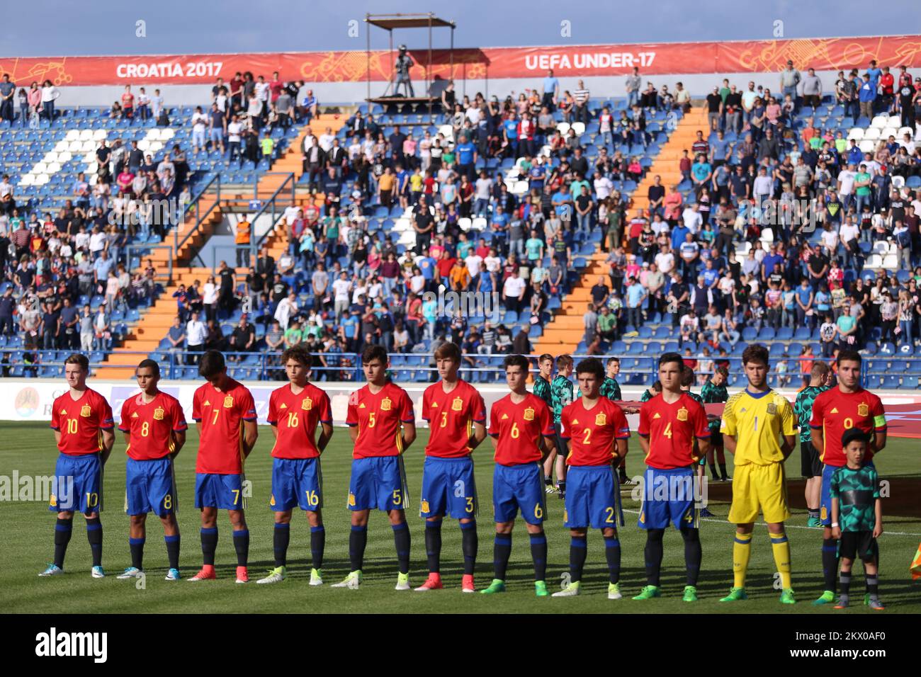 12.05.2017., Varazdin, Croazia - Campionato europeo UEFA Under-17, quarto di finale, Francia contro Spagna. Sergio Gomez, Moha, Ferran Torres, Jandro Orellana, Victor Chust, Juan Miranda, Antonio Blanco, Mateu Morey, Hugo Guillamon, Alvaro Fernandez, Abel Ruiz. Foto: Igor soban/PIXSELL Foto Stock