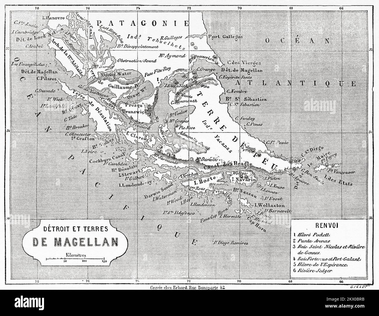 Vecchia mappa dello stretto di Magellano, Patagonia. Cile, Sud America. Diario di un viaggio allo stretto di Magellano di V de Rochas 1856-1859. Le Tour du Monde 1861 Foto Stock
