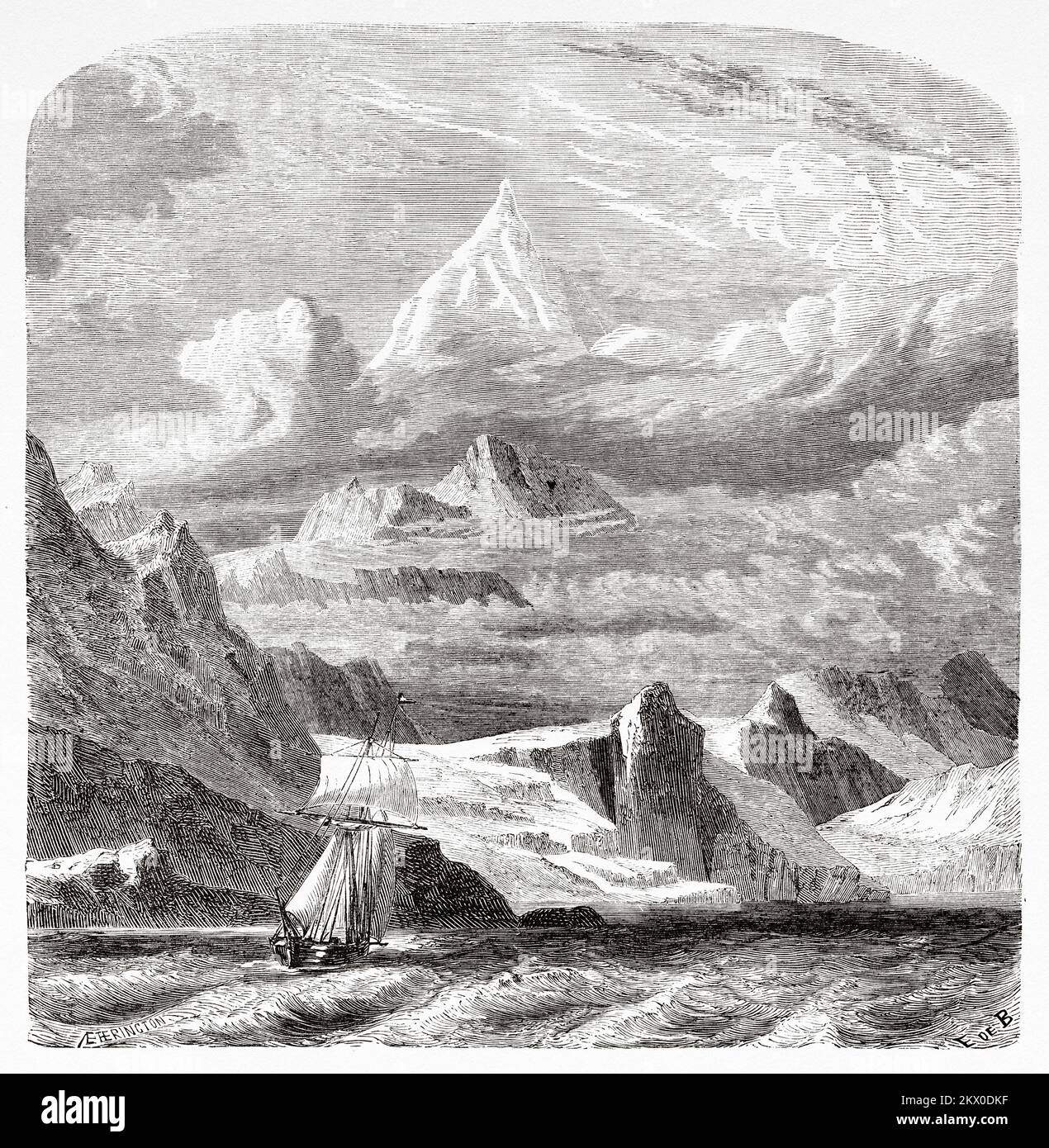 Monte Sarmiento visto da Capo Froward, Patagonia. Cile, Sud America. Diario di un viaggio allo stretto di Magellano di V de Rochas 1856-1859. Le Tour du Monde 1861 Foto Stock