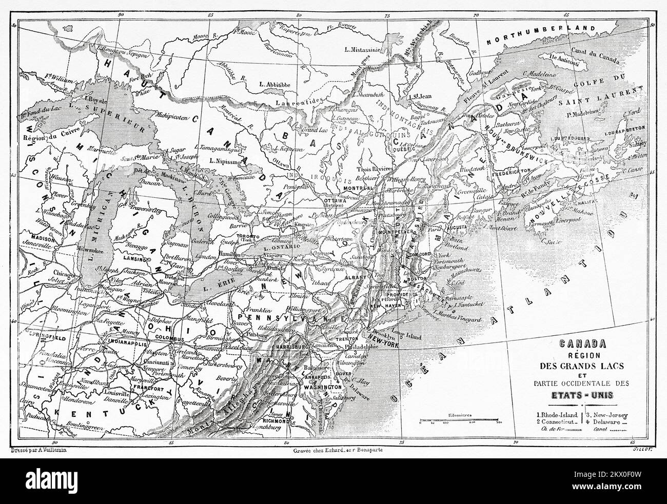 Antica mappa della regione dei grandi Laghi del Canada e della parte occidentale degli Stati Uniti. STATI UNITI. Viaggi in Nord America da Louis Deville, Stati Uniti e Canada 1854-1855. Le Tour du Monde 1861 Foto Stock