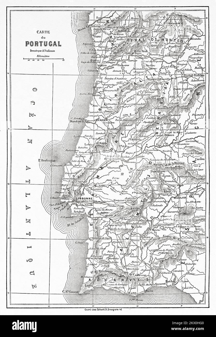 Antica mappa, Portogallo. Viaggi nelle province settentrionali del Portogallo di Luc-Olivier Merson, 1857. Le Tour du Monde 1861 Foto Stock