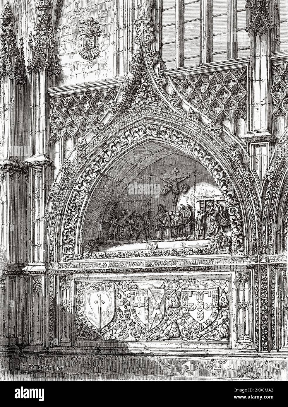 Tomba nella chiesa del monastero di Batalha. Cappella dei fondatori, pantheon reale con le tombe di Re Giovanni i di Portogallo e Filipa de Lancaster, Leiria, Portogallo. Viaggi nelle province settentrionali del Portogallo di Luc-Olivier Merson, 1857. Le Tour du Monde 1861 Foto Stock