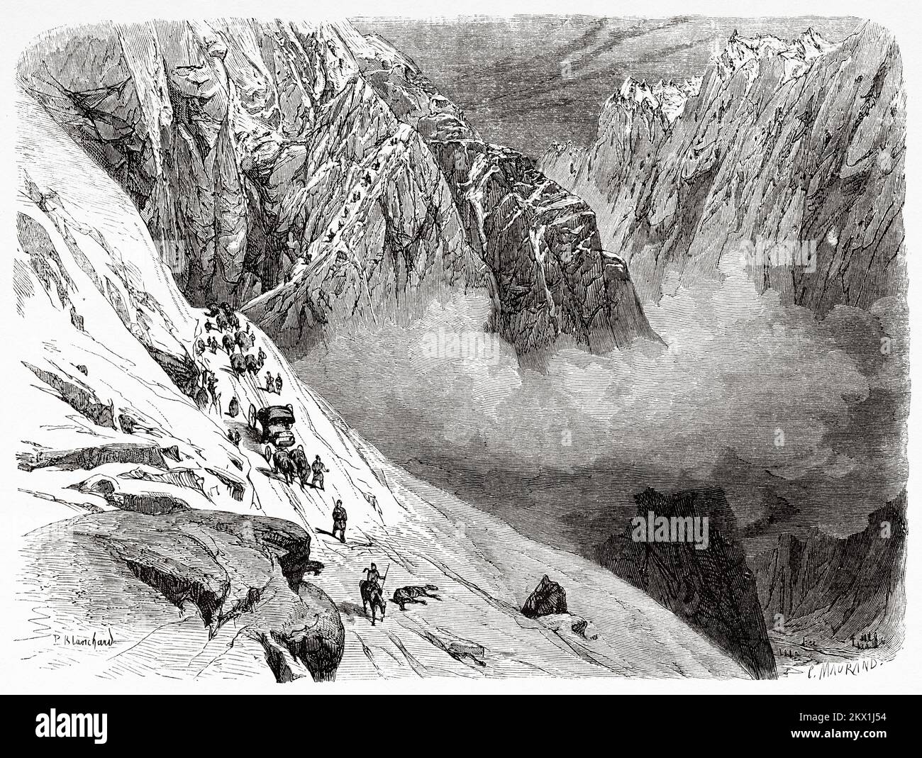 Strada difficile di viaggiatori tra alte montagne innevate a Certova dolina, Caucaso russo. Viaggio da Tiflis a Stavropol alla Gola di Dariali, 1858 km da Blanchard Foto Stock