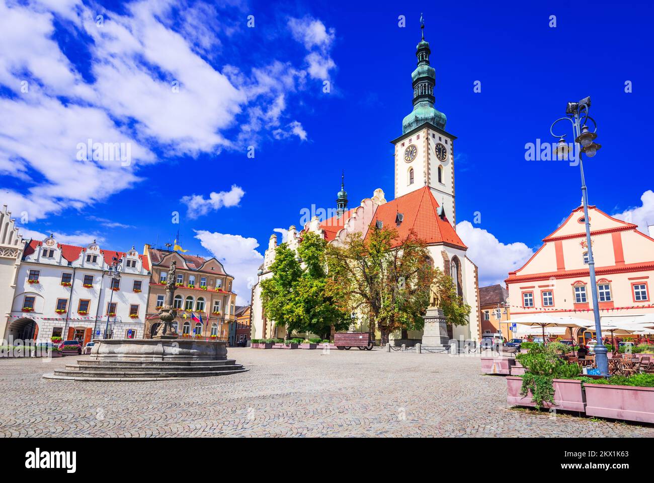 Tabor, Repubblica Ceca. Immagine del paesaggio urbano di Piazza Zizka, Tabor storico in Boemia, paesaggio giorno di sole. Foto Stock