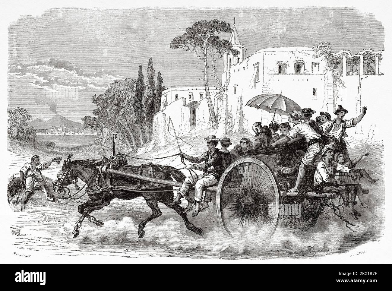 Il corricolo, carrozza trainata da cavalli per il trasporto di più persone, Napoli, Campania. Italia. Napoli e i napoletani di Marc Monnier 1861 Foto Stock