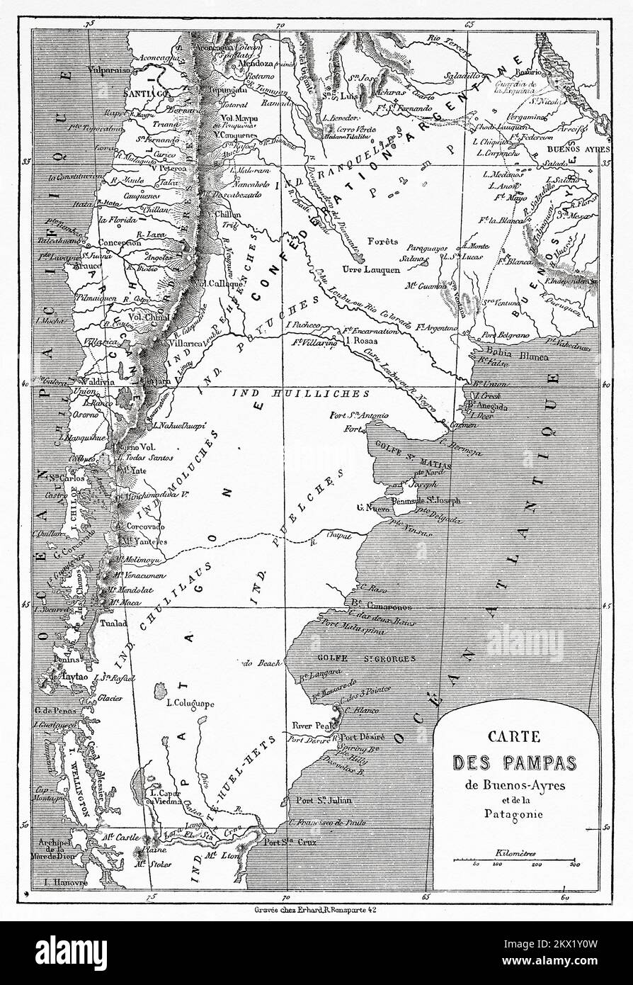 Buenos Aires Pampa e Patagonia Mappa. Argentina, Sud America. Tre anni di prigionia tra i Patagoni di Auguste Guinnard 1856 Foto Stock