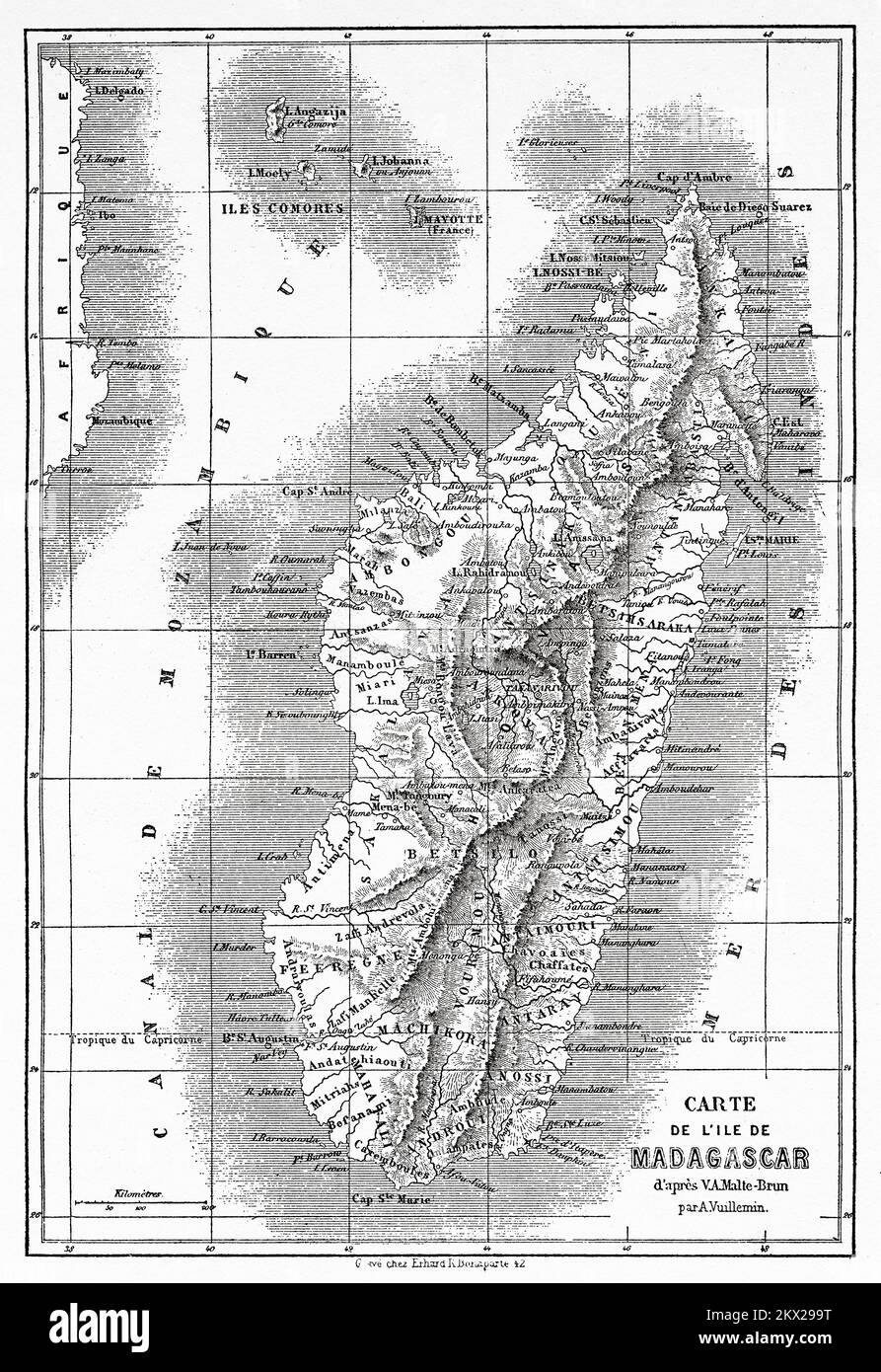 Vecchia mappa dell'Isola del Madagascar. I viaggi di Ida Pfeiffer 1857 Foto Stock