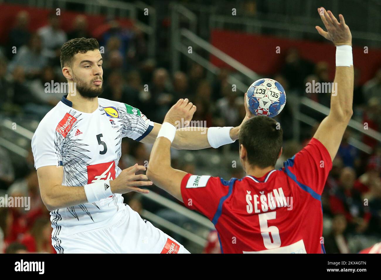 22.01.2018., Arena Zagreb, Zagabria, Croazia - Campionato europeo di pallamano 2018, Gruppo i, 3rd° turno, Serbia - Francia. Nedim Remili. Foto: Dalibor Urukalovic/PIXSELL Foto Stock