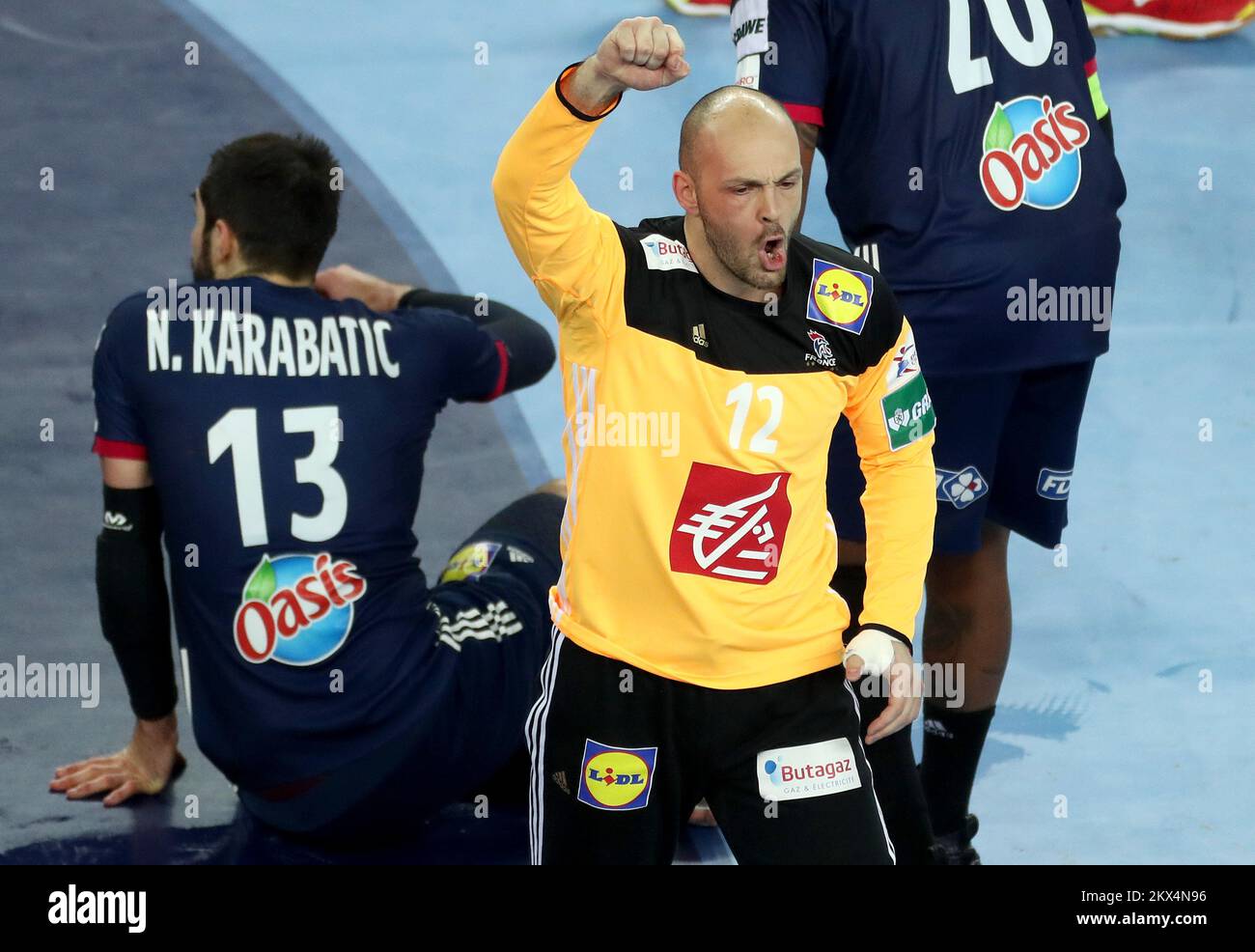 28.01.2018., Arena Zagreb, Zagabria, Croazia - Campionato europeo di pallamano 2018, partita per il 3rd° posto, Francia vs Danimarca. Vincent Gerard Foto: Igor Kralj/PIXSELL Foto Stock