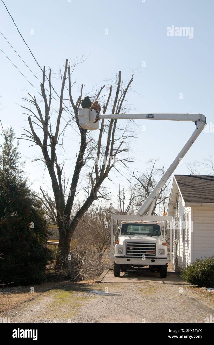 Tempesta invernale - Madisonville, Ky. , Il 23 febbraio 2009 gli equipaggi stanno ancora liberando gli alberi dalle linee elettriche tre settimane dopo la tempesta di ghiaccio del gennaio 27th. Tempesta d'inverno severa del Kentucky e inondazioni. Fotografie relative a disastri e programmi, attività e funzionari di gestione delle emergenze Foto Stock